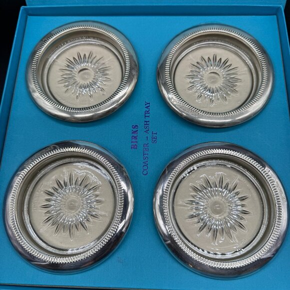 Vintage 4 Glass and Silver Plated Coasters Birks Original Box Italy made - Set 1 - Picture 2 of 8